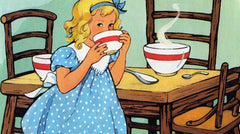 A vintage style illustration of Goldilocks trying a bowl of porridge.