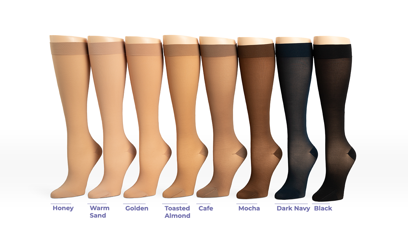 Style Sheer color options arranged from left to right: honey, warm sand, golden, toasted almond, cafe, mocha, dark navy, black
