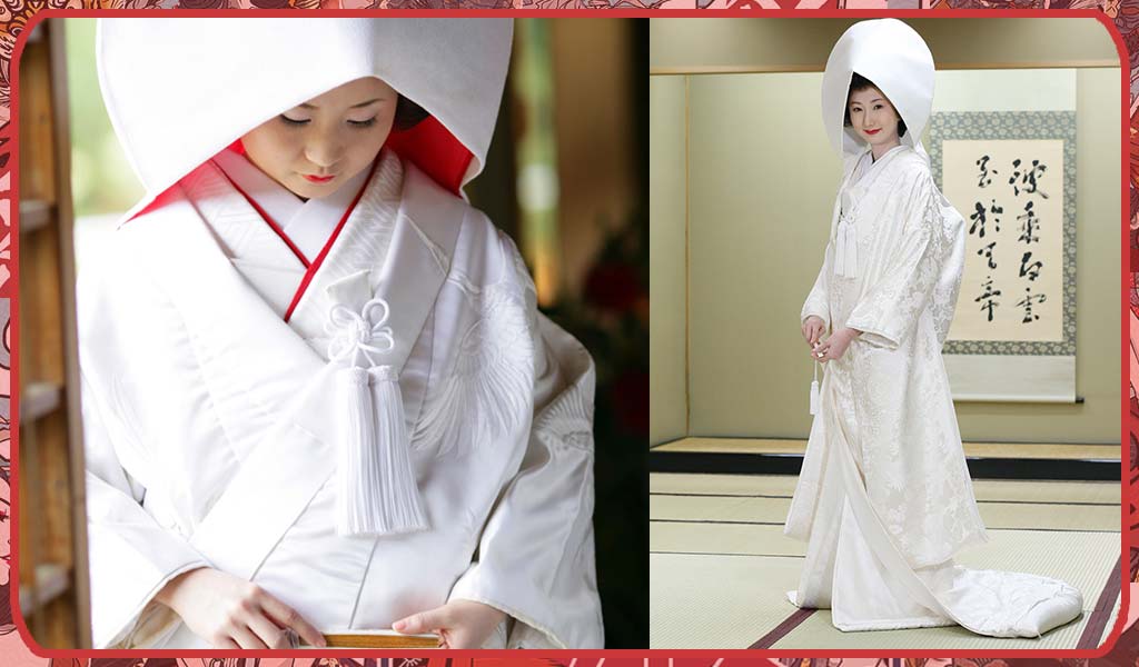 two women wearing a white wedding kimono : shiromuku