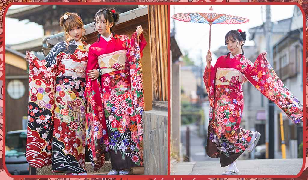 three women wear a furisode kimono with long sleeves. This style of traditional Japanese clothing is worn by single women in Japan