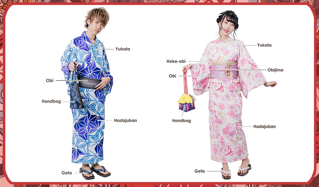 A man and a woman showing all the accessories to know how to wear a Kimono yukata