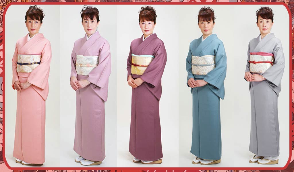 5 women wearing a solid color Iromuji kimono