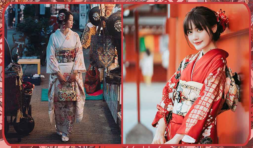 2 women wearing Japanese furisode kimono in Tokyo Street
