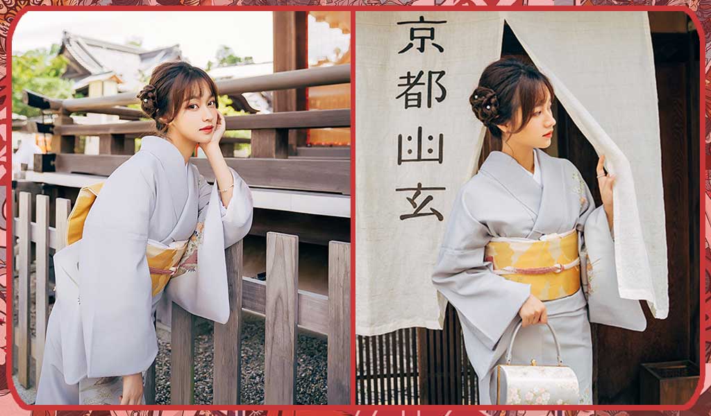In Japan, a woman kimono worn by a girl. The japanese outfit is composed of a golden obi belt, and a kanzashi comb