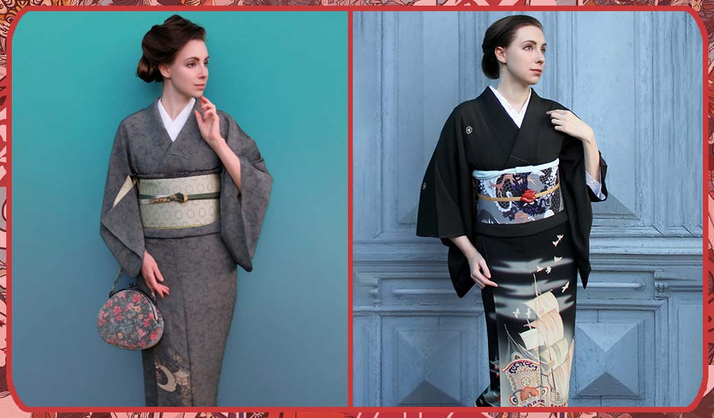 Two women wearing a Japanese kimono woven with the Kaga Yuzen method