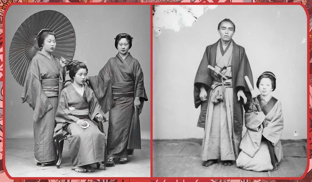 Kimono picture of Japanese men and women wearing traditional kimono, katana swords and parasols