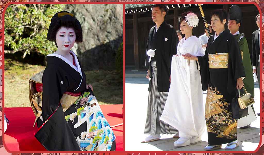 Kimono Tomesode worn by a geisha and the mother of the bride