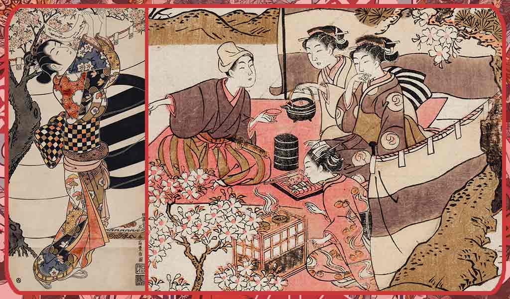 Ukiyo-e woment wearing Kimono and traditional Japanese clothings