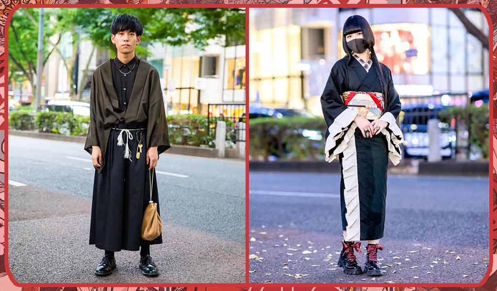 A man and a woman wearing a modern kimono black