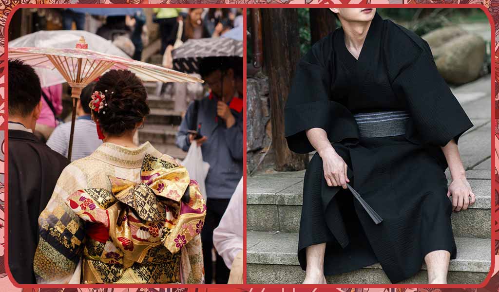 A man and a woman with an obi knot to belt their kimono