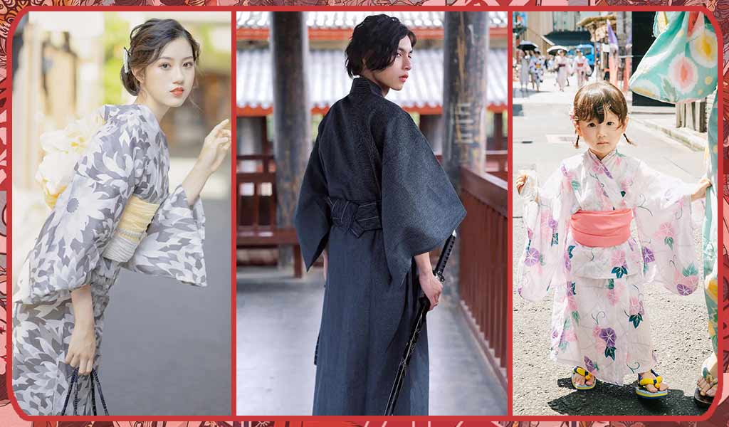 What is a yukata? A woman, a man and a little girl wearing a traditional summer yukata  kimono