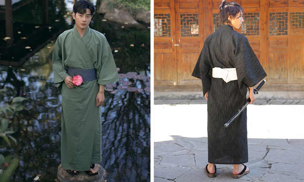 two people wear traditional japanese mens kimono
