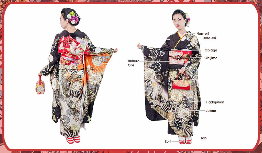 Two geisha wearing a traditional Japanese kimono woman
