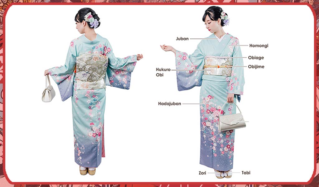 Traditional Japanese women's wearing a kimono and accessories: obi belt, zori sandals and tabi socks
