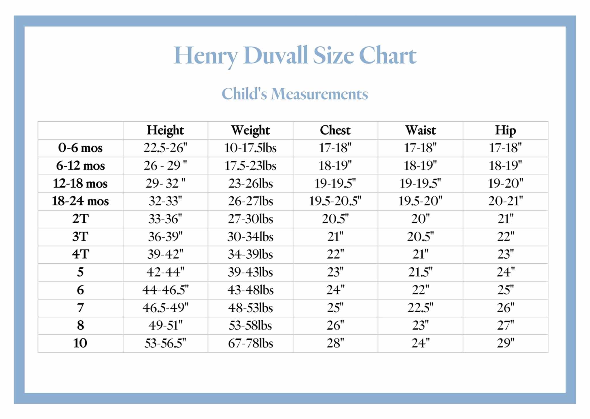 Size Charts – Henry Duvall
