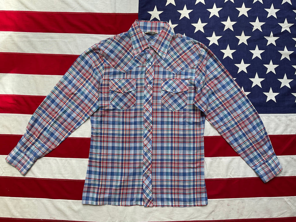 Vintage VIP Western Shirt Mens M Red Blue Plaid Pearl Snaps Short Sleeve  Rodeo