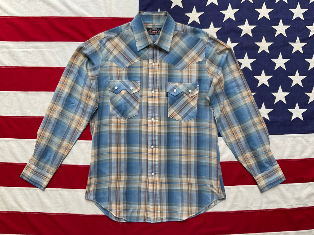 LEVI'S Vintage BIG E Mens Western Shirt Blue-Tan Check with Pearl