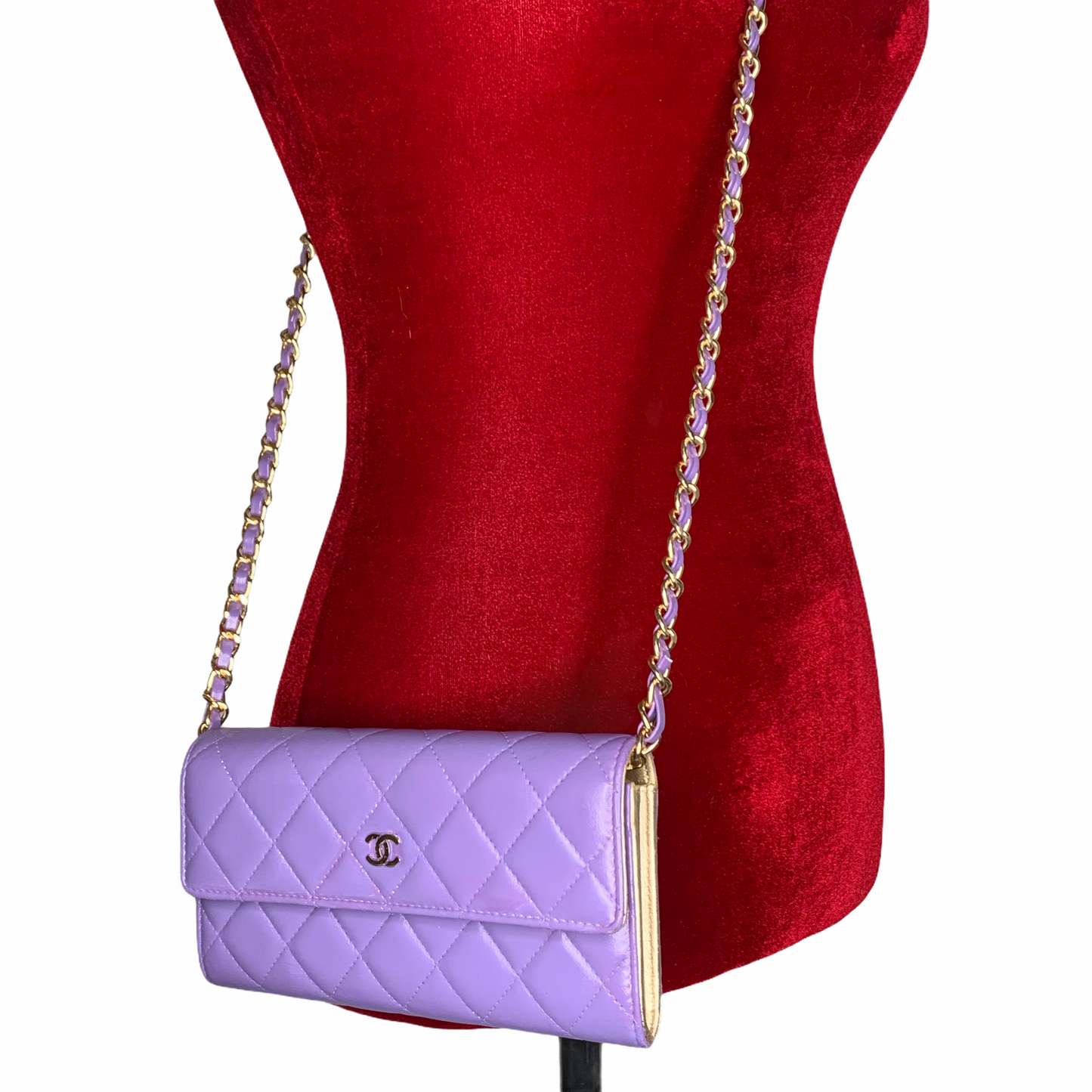 CHANEL Lavender Matelasse Long Flap Wallet on Chain