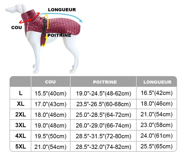 tableau des tailles du manteau gros chien sans manches à col fourré