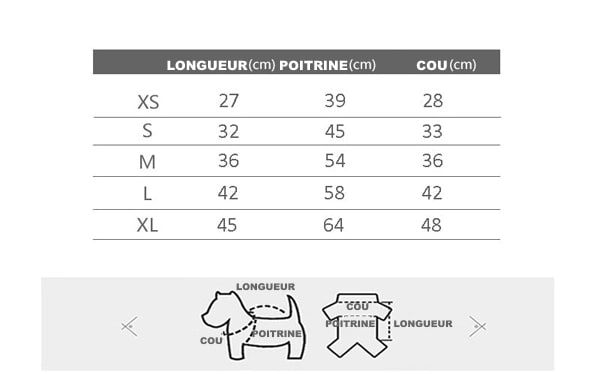 tableau des tailles du manteau harnais pour bouledogue