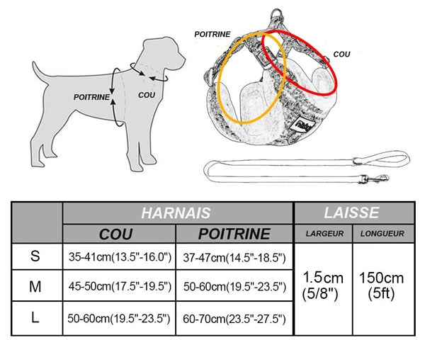 tableau des tailles du harnais avec attache avant pour chihuahua