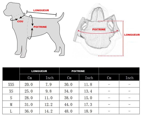 tableau des tailles du déguisement de noël pour chien