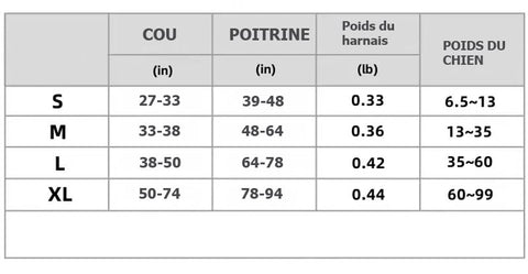 tableau des tailles