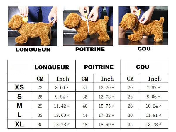 Tableau des tailles du pyjama à rayure pour petit chien