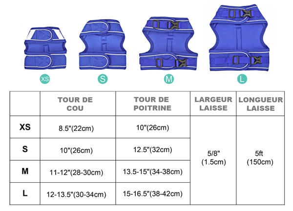 tableau des tailles du harnais pour petit chien en tissu respirant