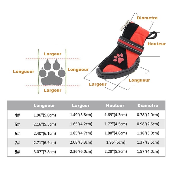tableau des tailles des bottes pour chien antidérapantes
