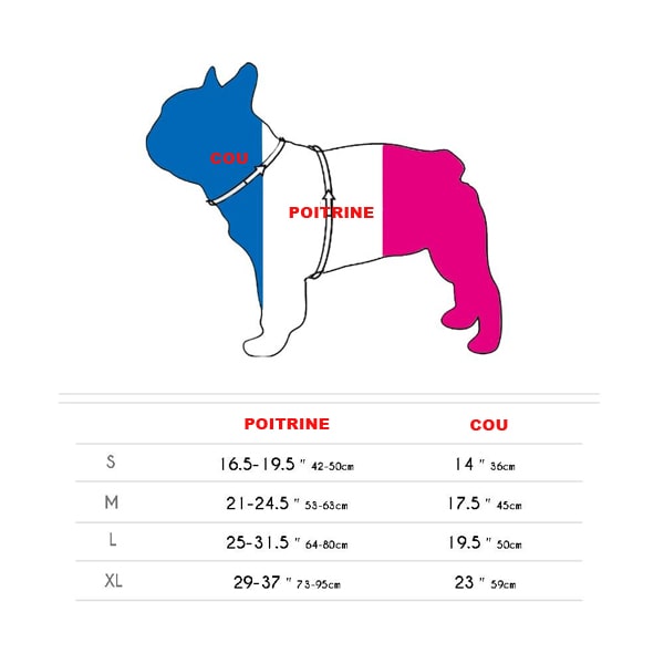 tableau des tailles du harnais pour boxer