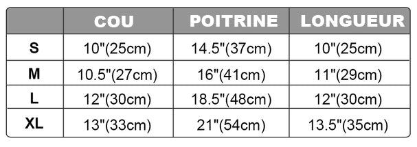 tableau des tailles des chemises pour chiens