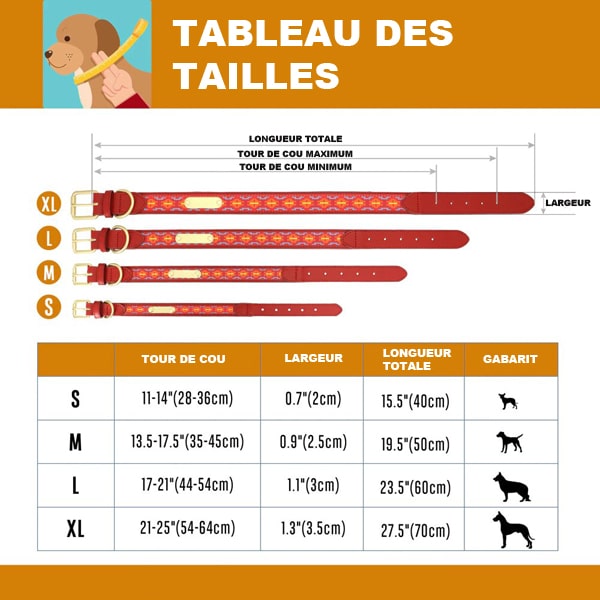 tableau des tailles de la gamme de colliers gravés pour chiens motifs ethniques