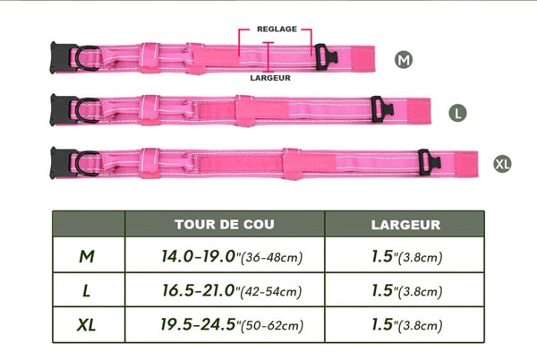 TABLEAU DES TAILLES DU COLLIER TACTIQUE AVEC GRAVURE POUR GROS CHIEN
