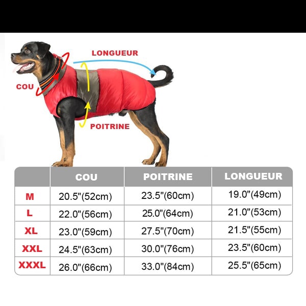 Guide des tailles de la doudoune pour gros chien