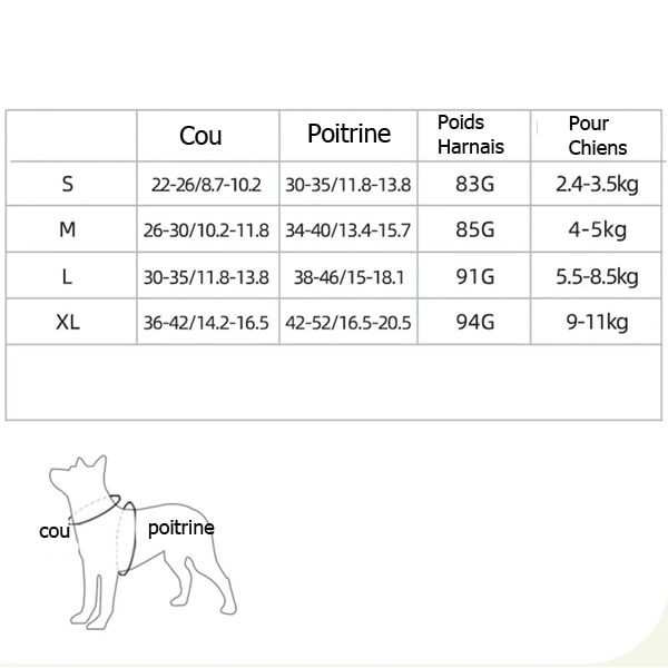 Tableau des tailles de l'ensemble harnais et laisse respirant et réfléchissant