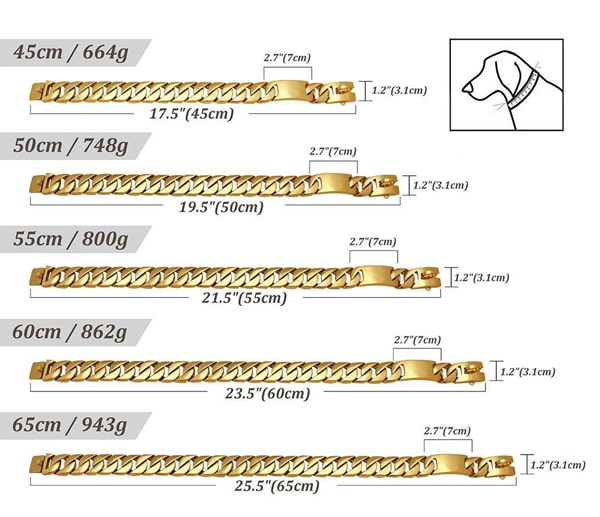 tableau des tailles du collier en métal personnalisé pour chien