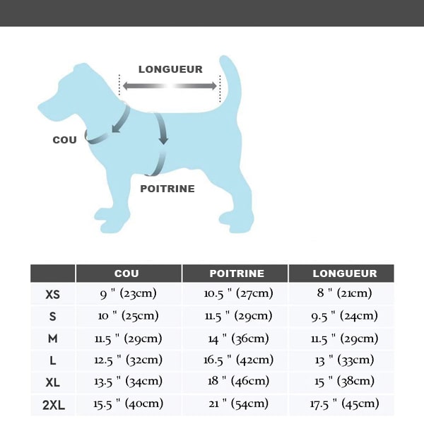 Tailles des manteaux doudounes pour chihuahuas