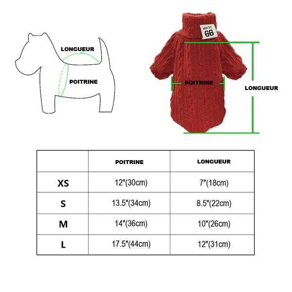 Tailles du Pull décontracté en coton tricoté pour chien