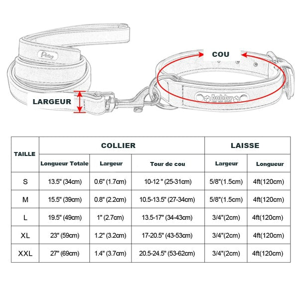 Tableau des tailles de l'ensemble collier et laisse en cuir MIDOG