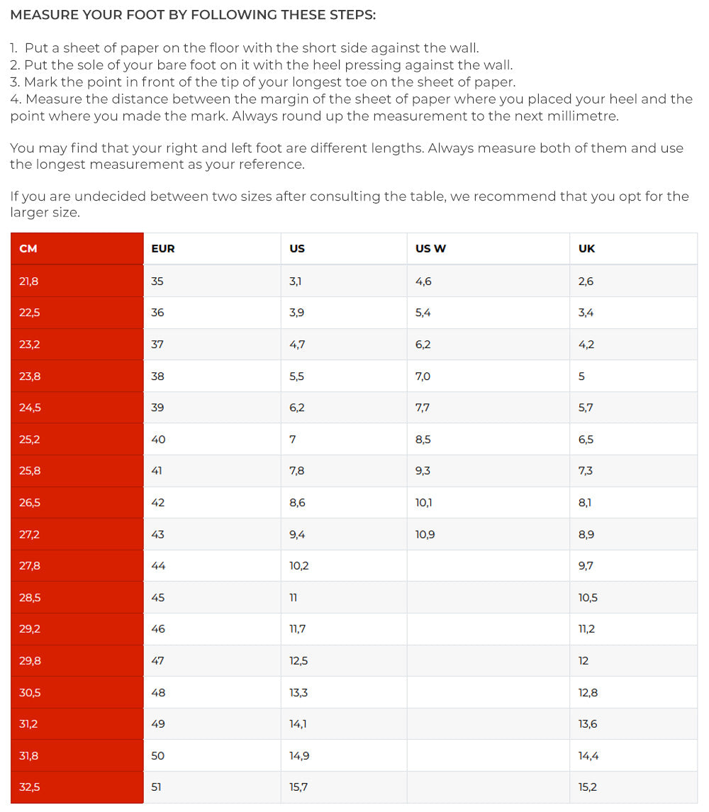 Sidi GoreTex Adventure 2 Boot Size Chart