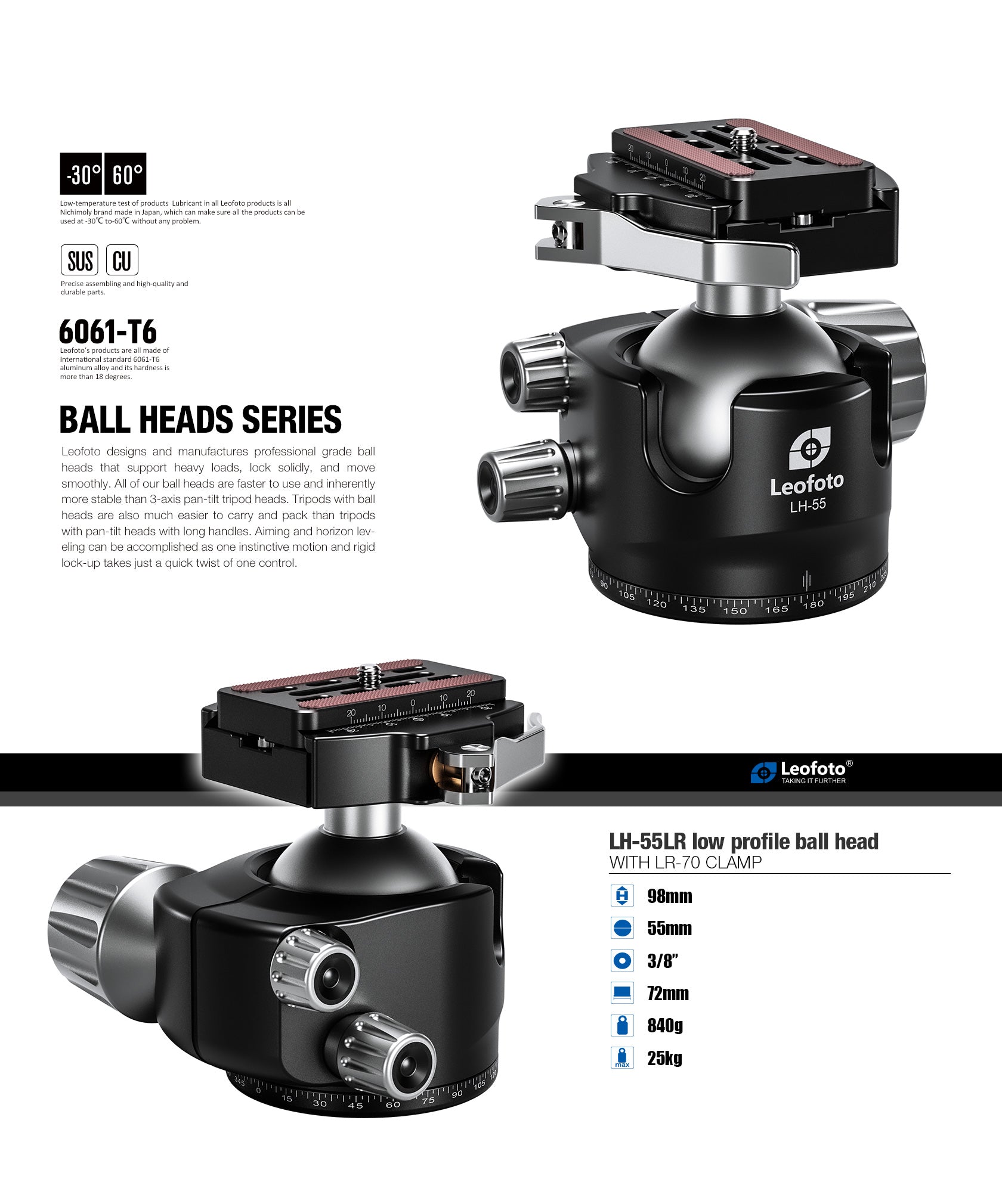 Leofoto HB-70 70mm Pro Heavy-Duty Ball Head with Quick Release Plate &