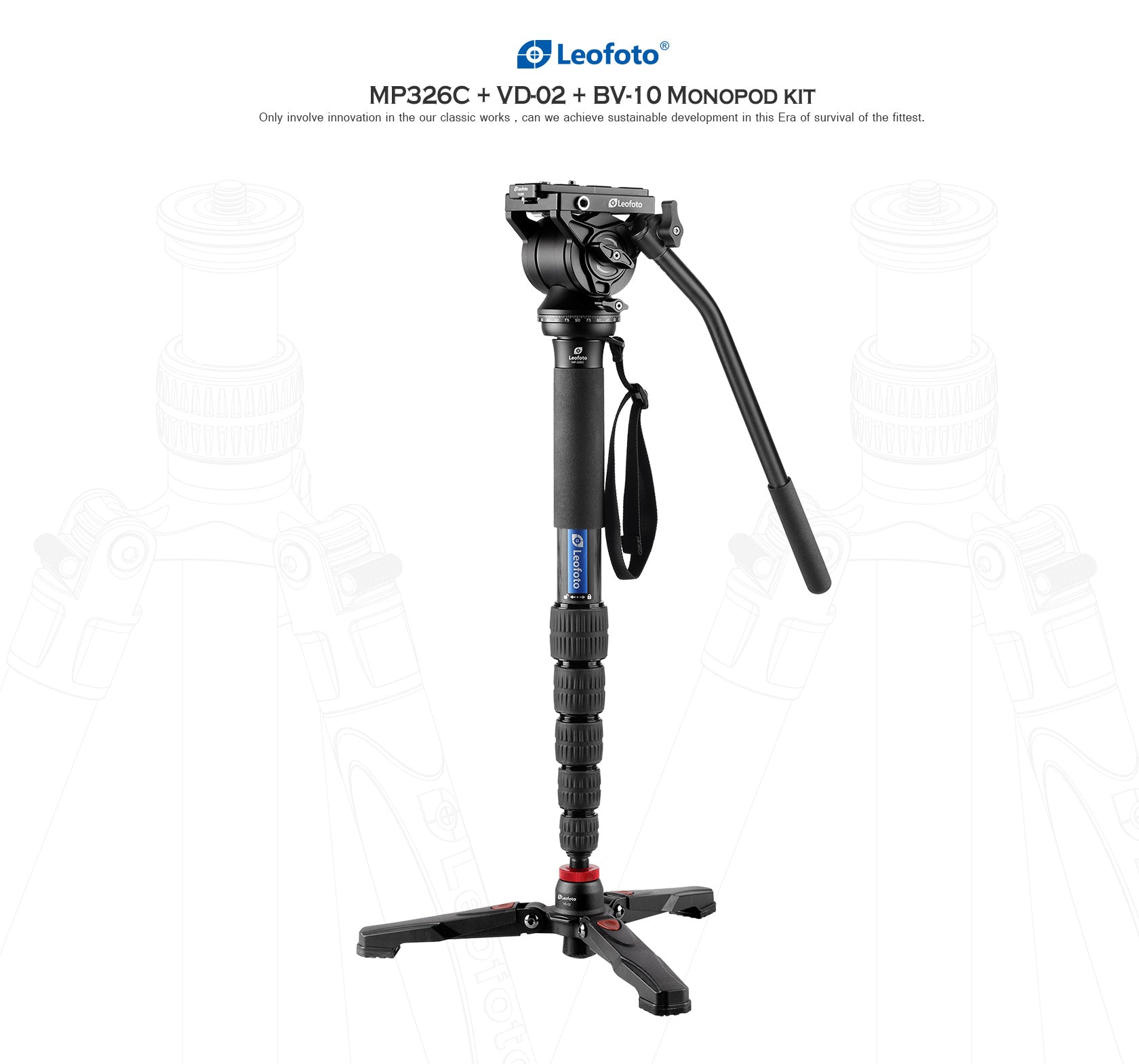 Leofoto MV-324CL(Long) + VD-03 + BV-10 Video Monopod System with Base