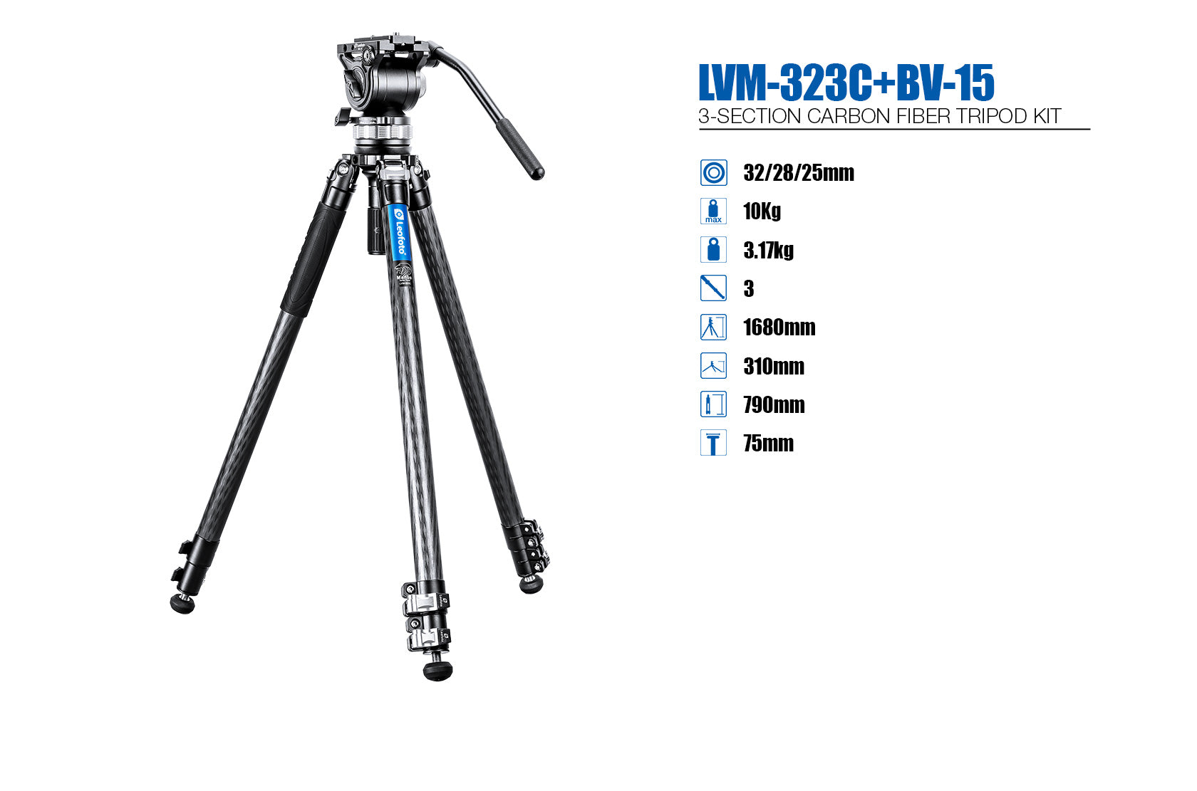 Leofoto LVM-324C+BV-15 4-Section Carbon Fiber Video Tripod with Fluid