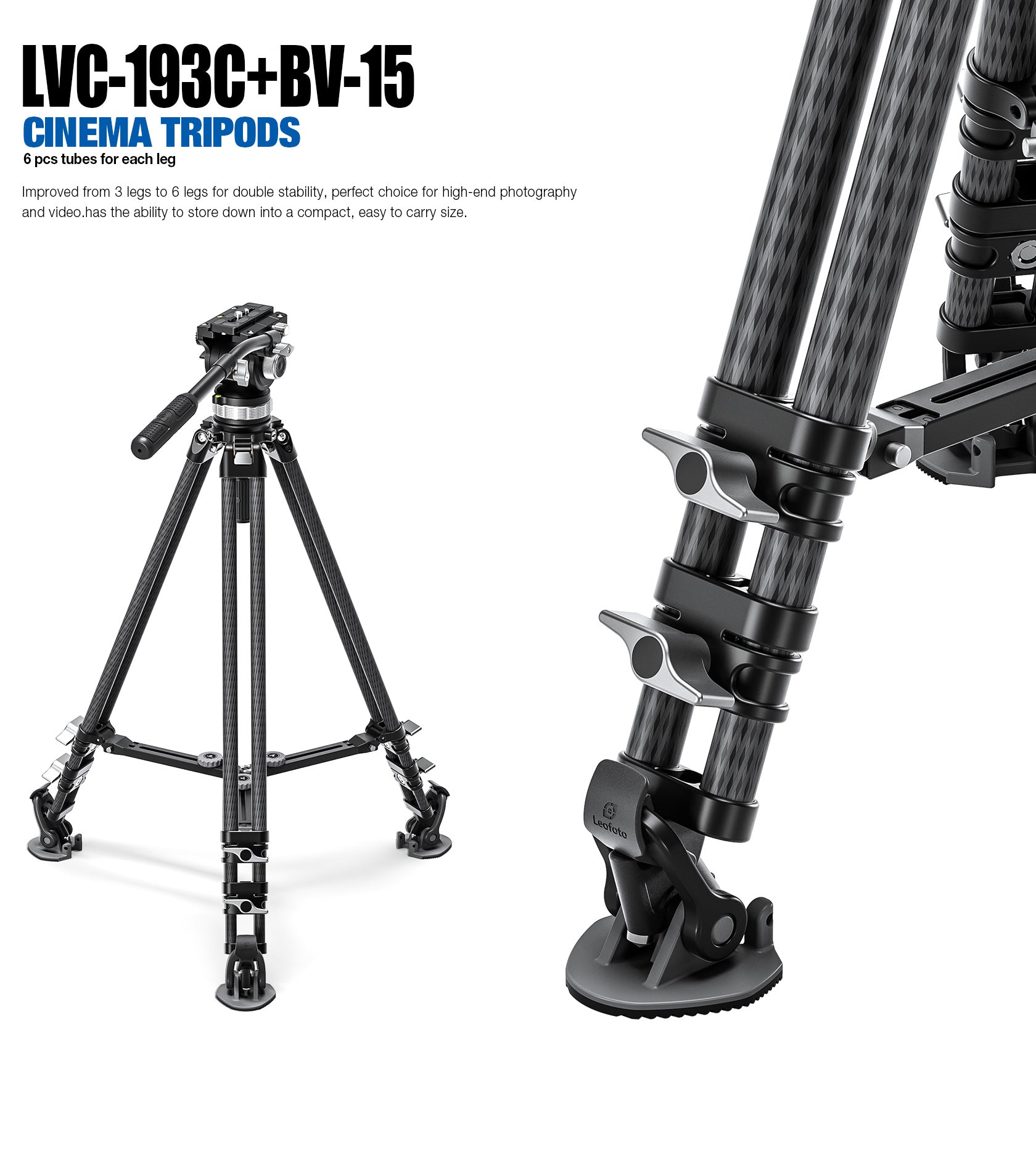 Leofoto LVC-253C+BV-15 Dual-Tube Video Tripod with Fluid Head Set | 75