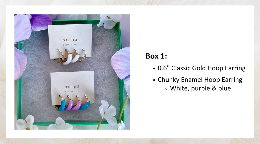 Image on left opened box with 2 earring sets. Box 1: 0.6' classic gold hoop earring and chunky enamel hoop earring in white, purple and blue. 