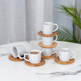 SOPRETY Porcelain Espresso Cup Set with Bamboo Saucers, Stripe Ceramic Tea Mug Coffee Cups 6pcs 3.4oz Gray