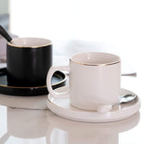 SOPRETY Ceramic Coffee Mugs Set of 2 Porcelain Espresso Mr and Mrs Coffee Cups Tea Cup Bone China with 2pcs Spoons and Saucers, Fit for Home, Office, Black and White