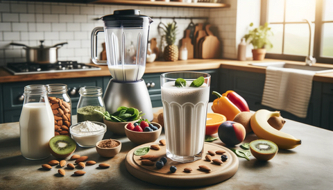 a tall glass holds a freshly made nutrition milk shake. It's been blended using ingredients from both animal and plant sources
