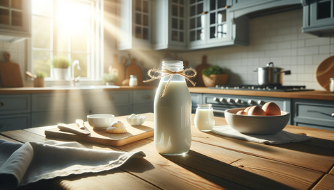 a bottle of protein drink in a modern kitchen with sunshine